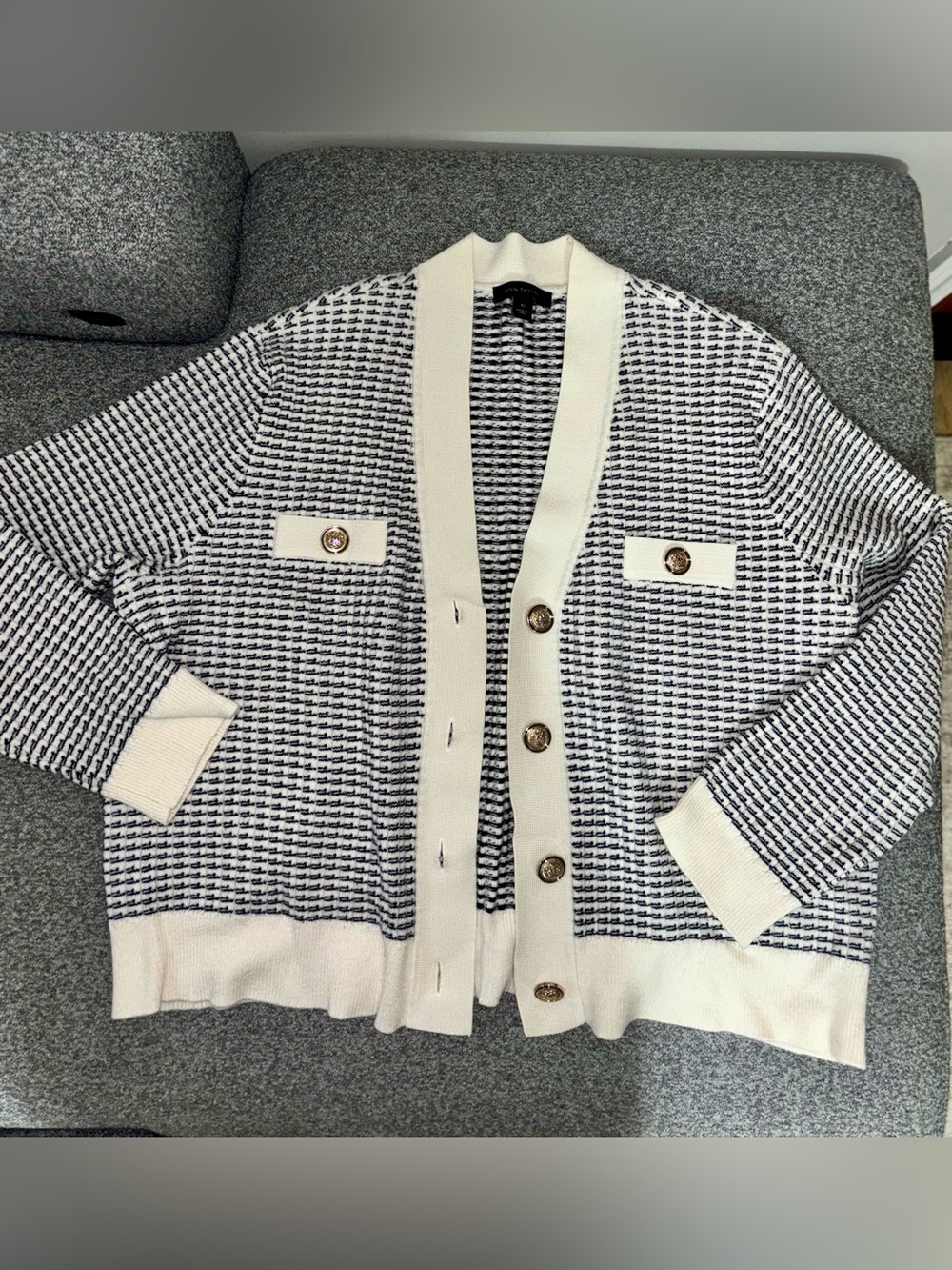 Ann Taylor Cream & Navy Textured Button-Front Cardigan